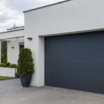View of the garage door in an elegant suburban home